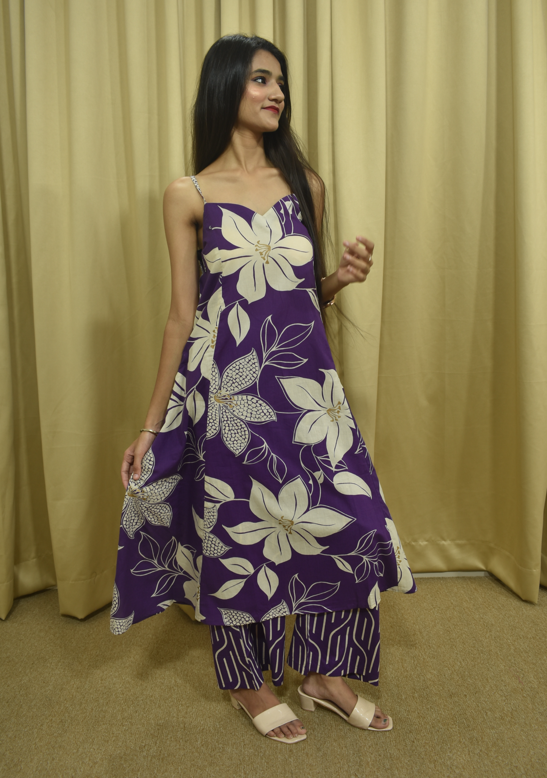 Violet Beige Printed A-line Suit Set