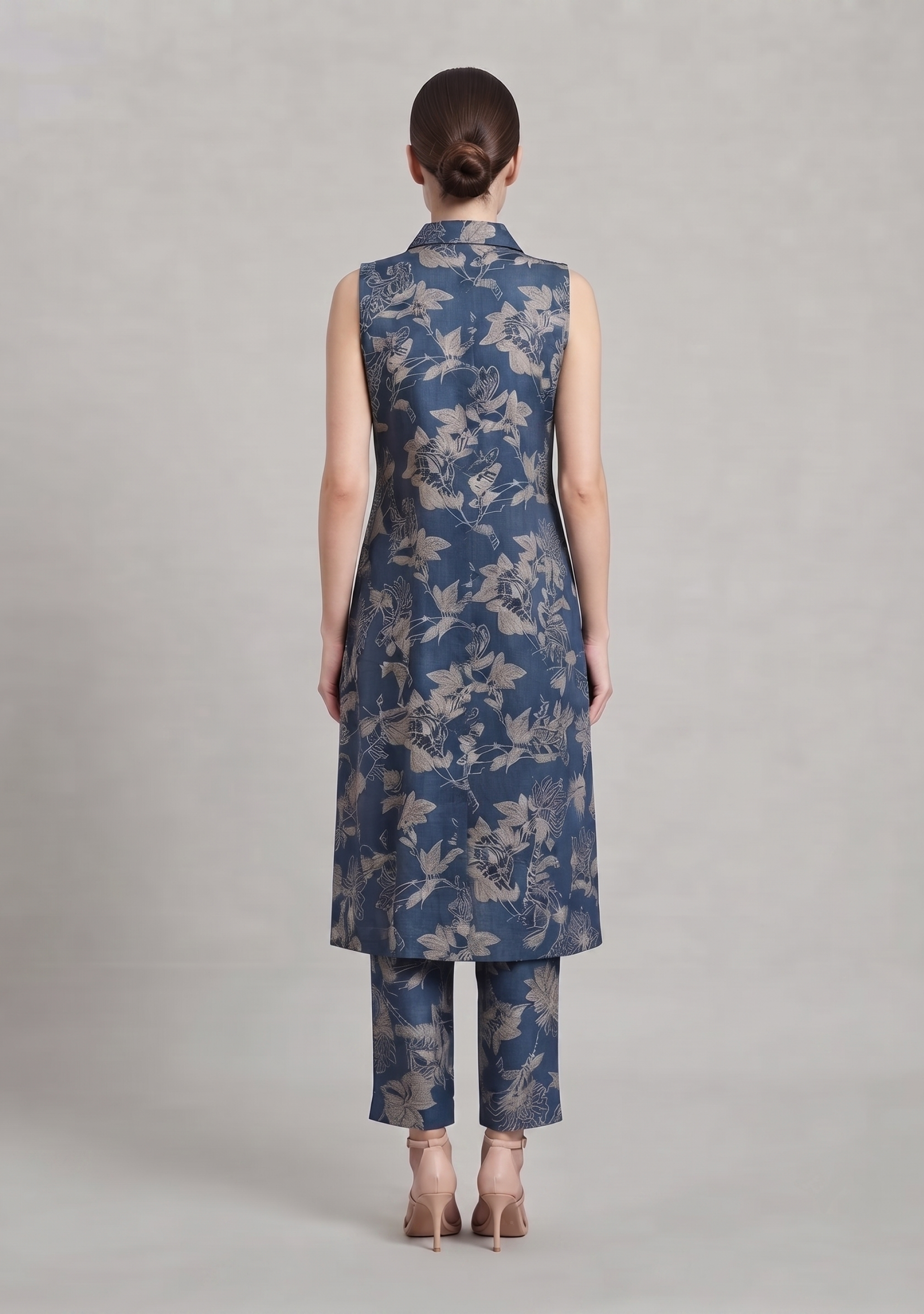 Viridian Blue-Grey Floral Printed A-line Suit Set