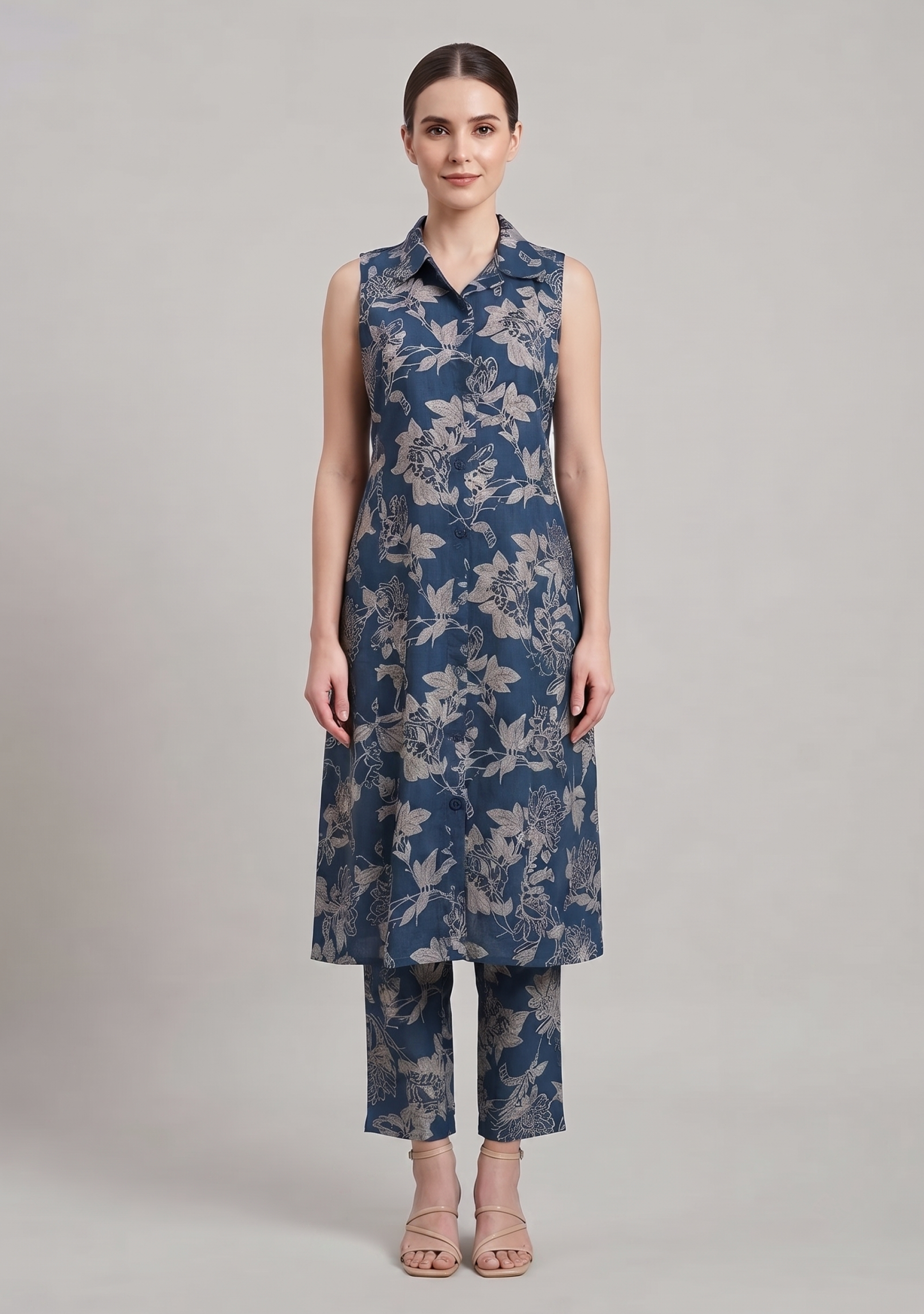 Viridian Blue-Grey Floral Printed A-line Suit Set