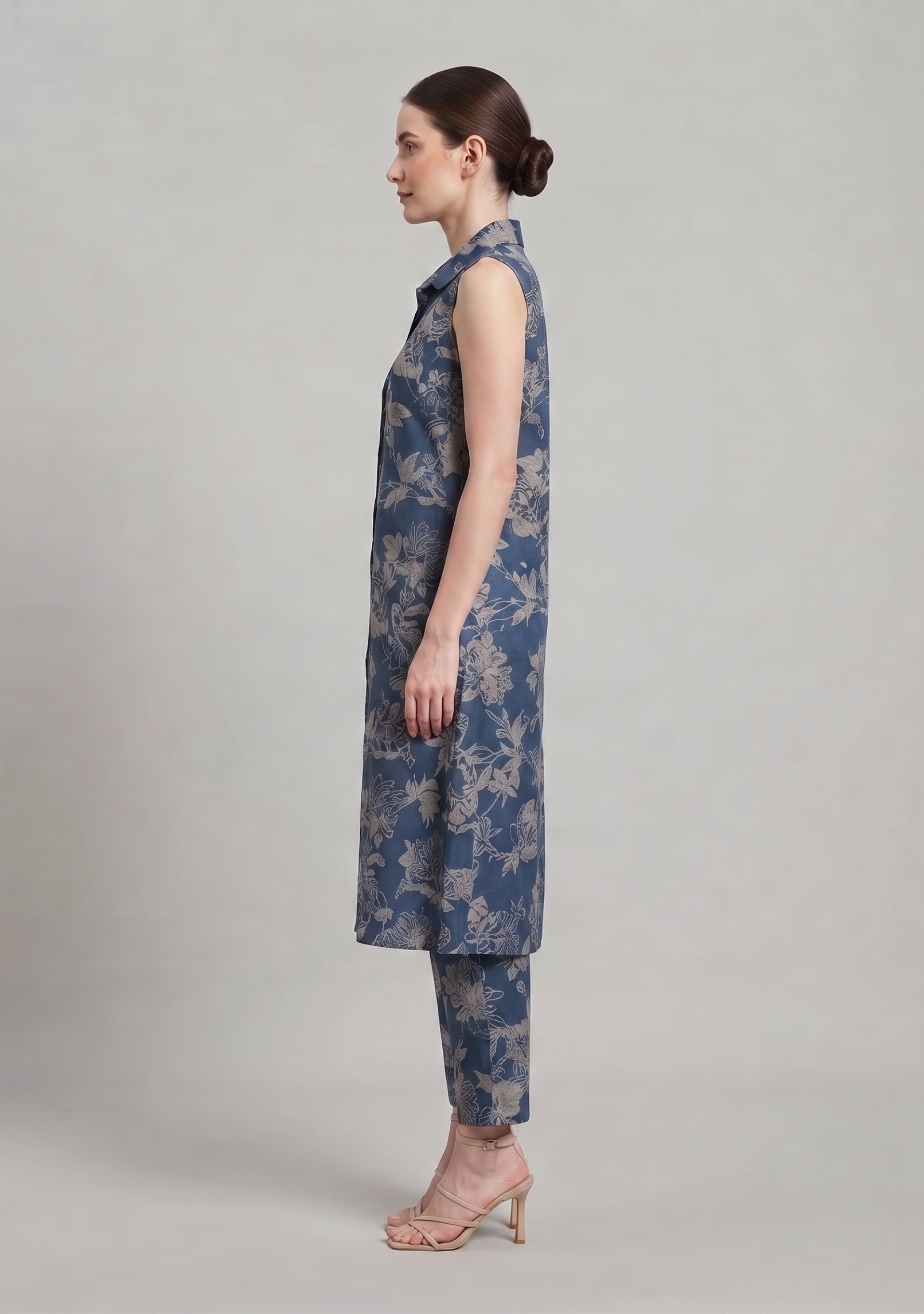Viridian Blue-Grey Floral Printed A-line Suit Set