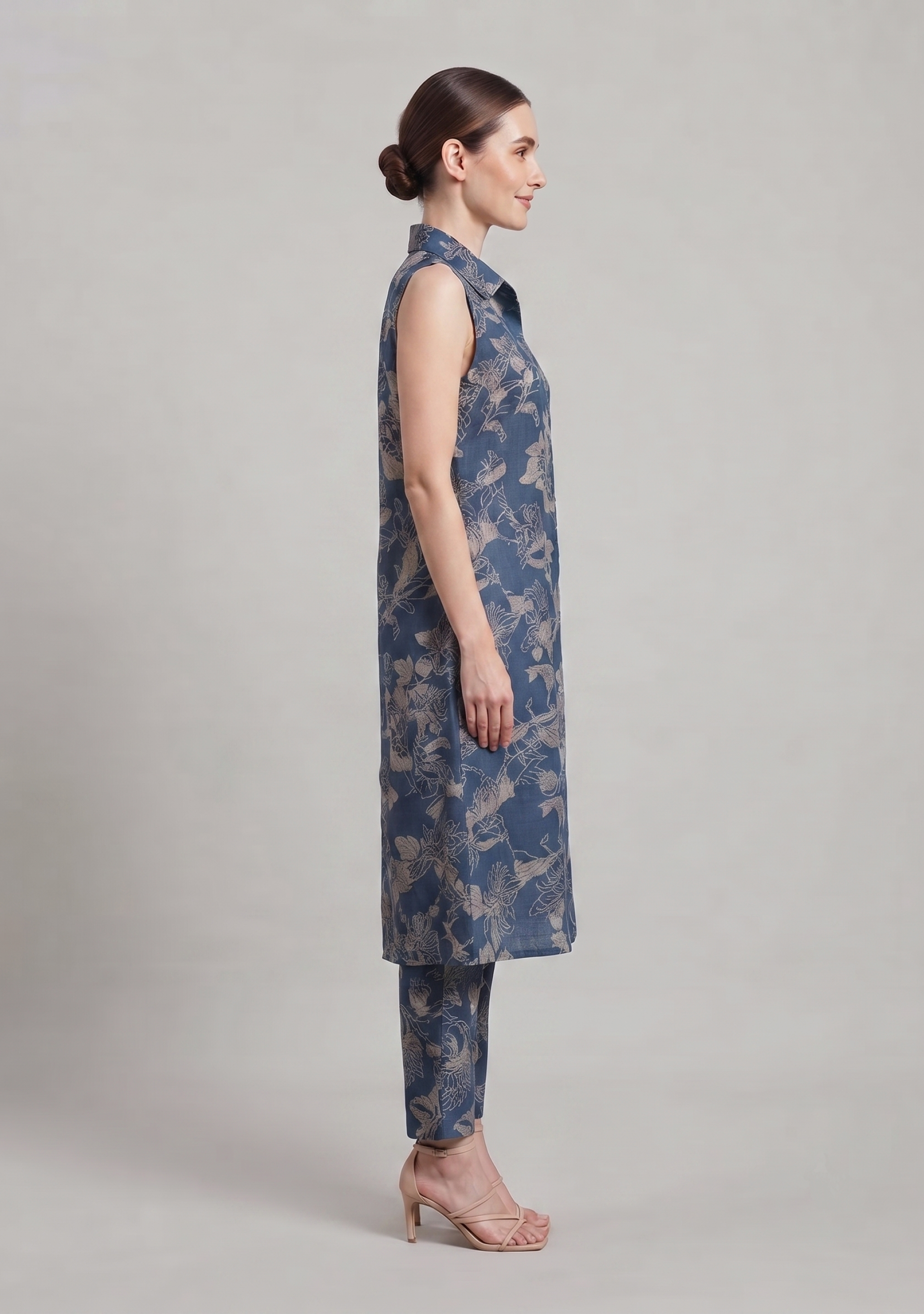 Viridian Blue-Grey Floral Printed A-line Suit Set