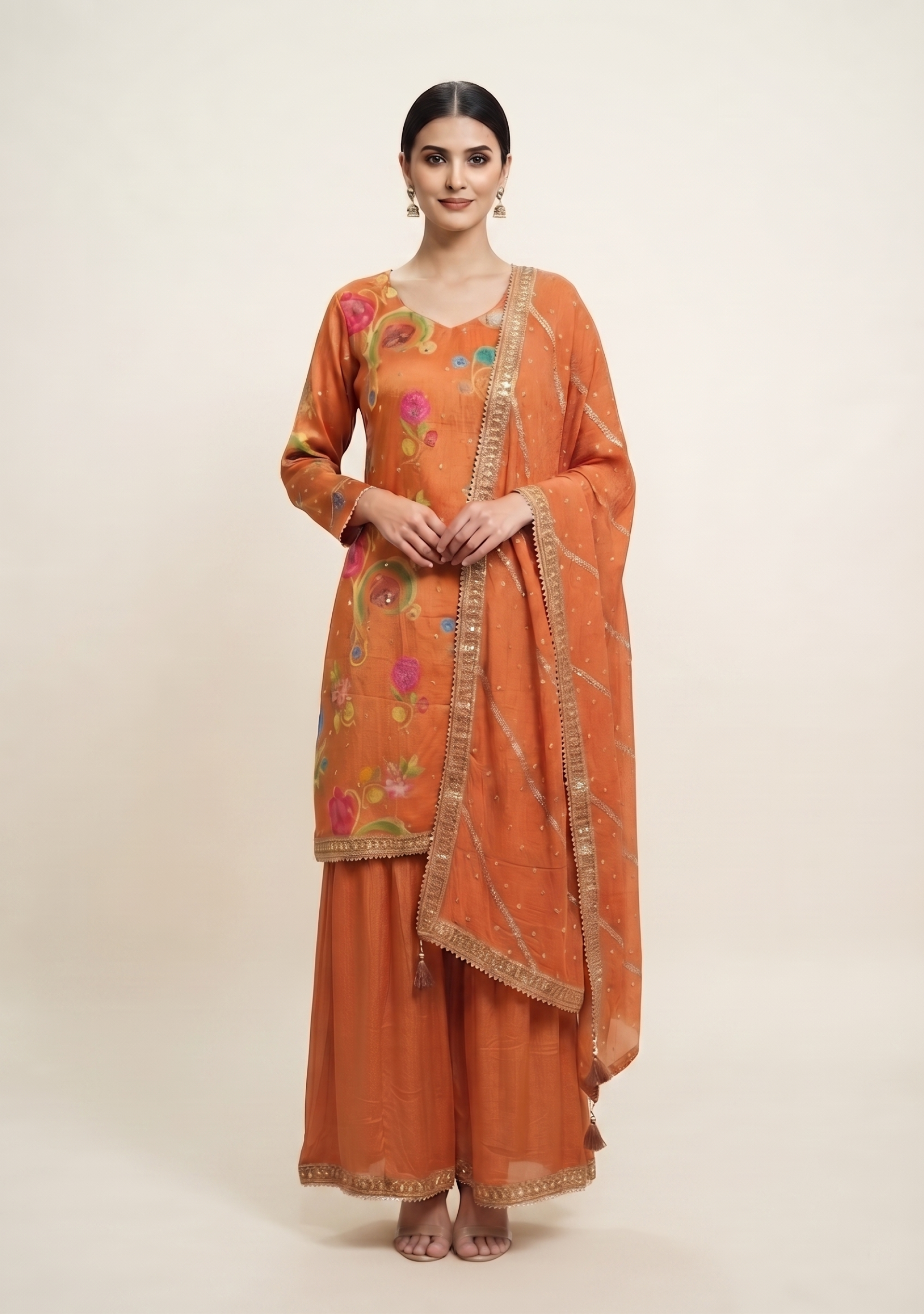 Orange Floral Gotapatti Sharara Suit Set Chinon