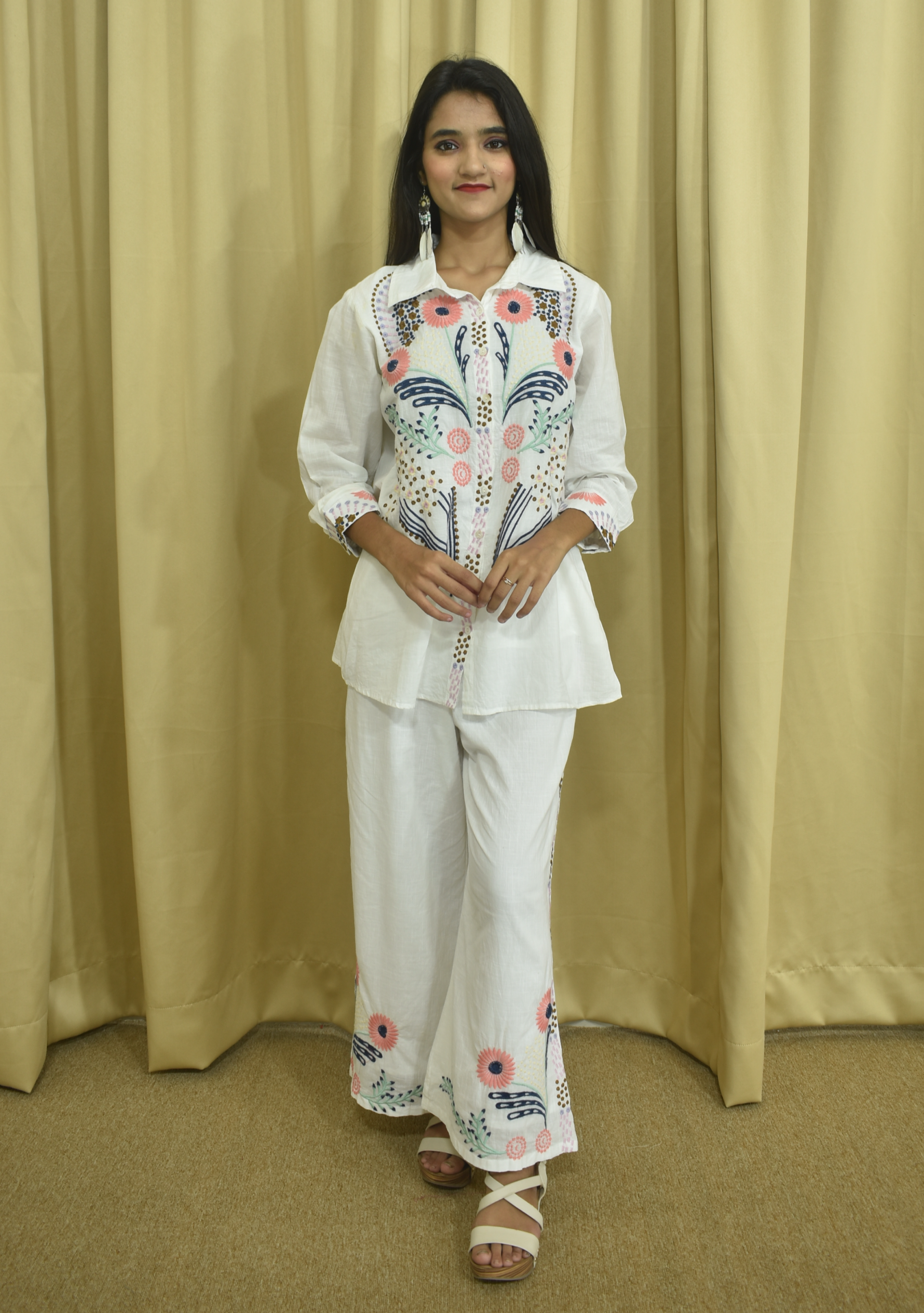 White Cotton Co-ord Set with Bold Embroidary