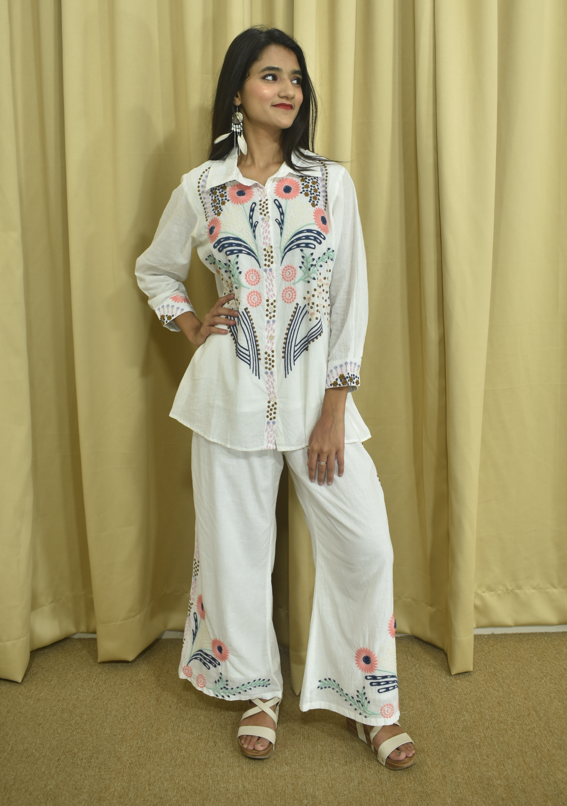 White Cotton Co-ord Set with Bold Embroidary