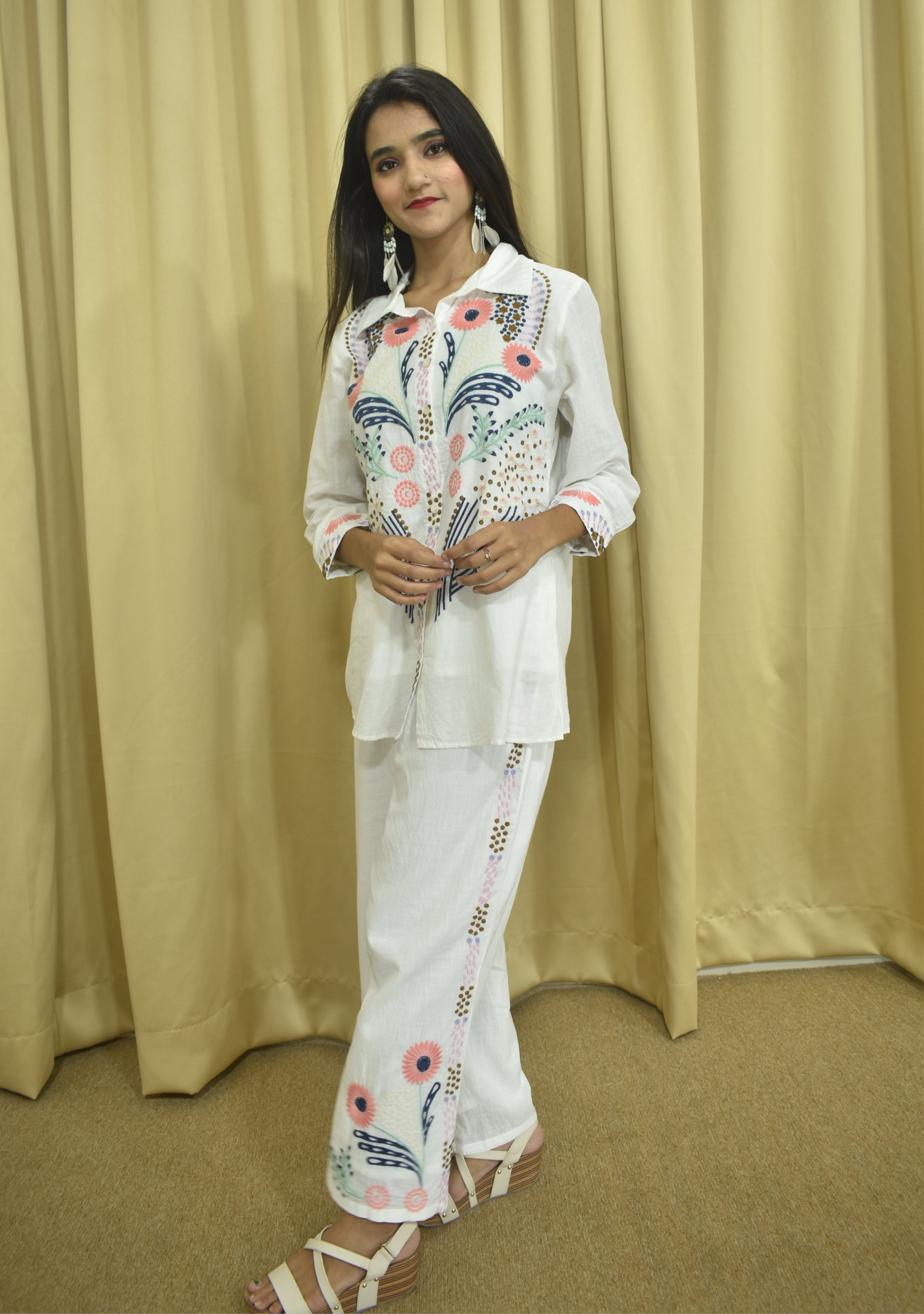 White Cotton Co-ord Set with Bold Embroidary
