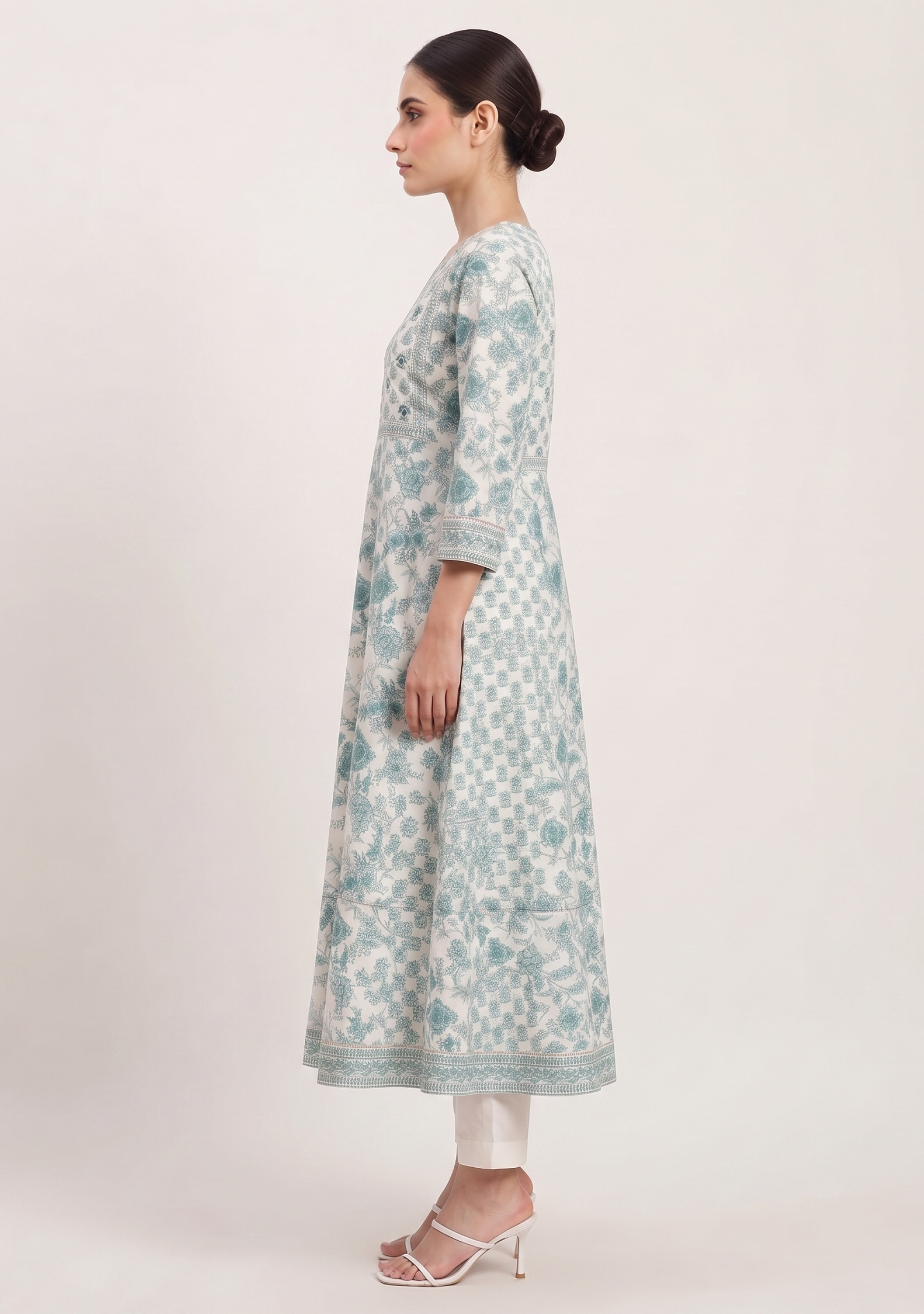 White Rama Booty Cotton Handcrafted Anarkali 3pc suit set
