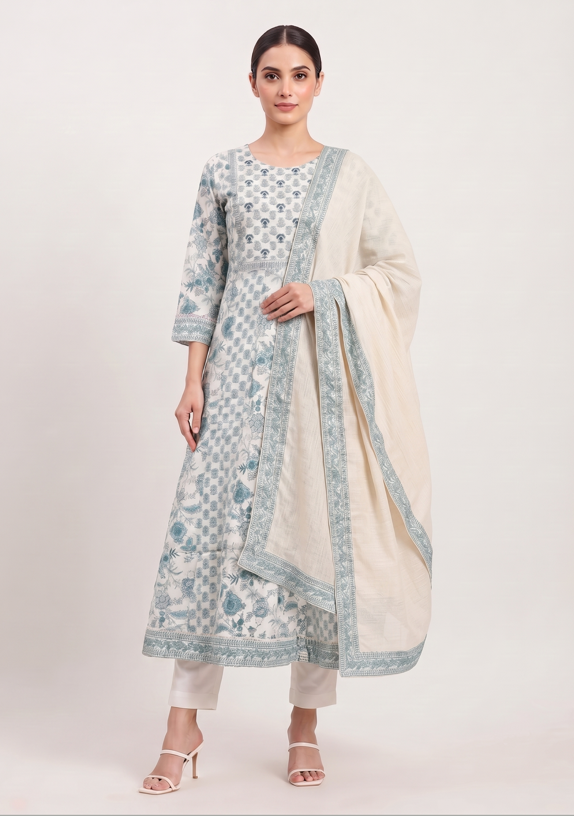 White Rama Booty Cotton Handcrafted Anarkali 3pc suit set