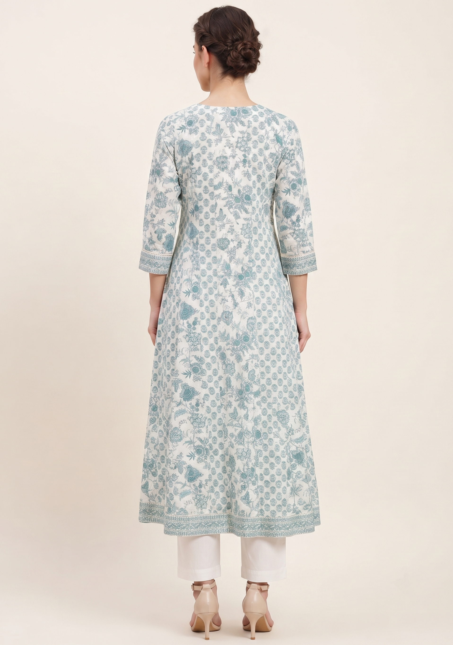 White Rama Booty Cotton Handcrafted Anarkali 3pc suit set
