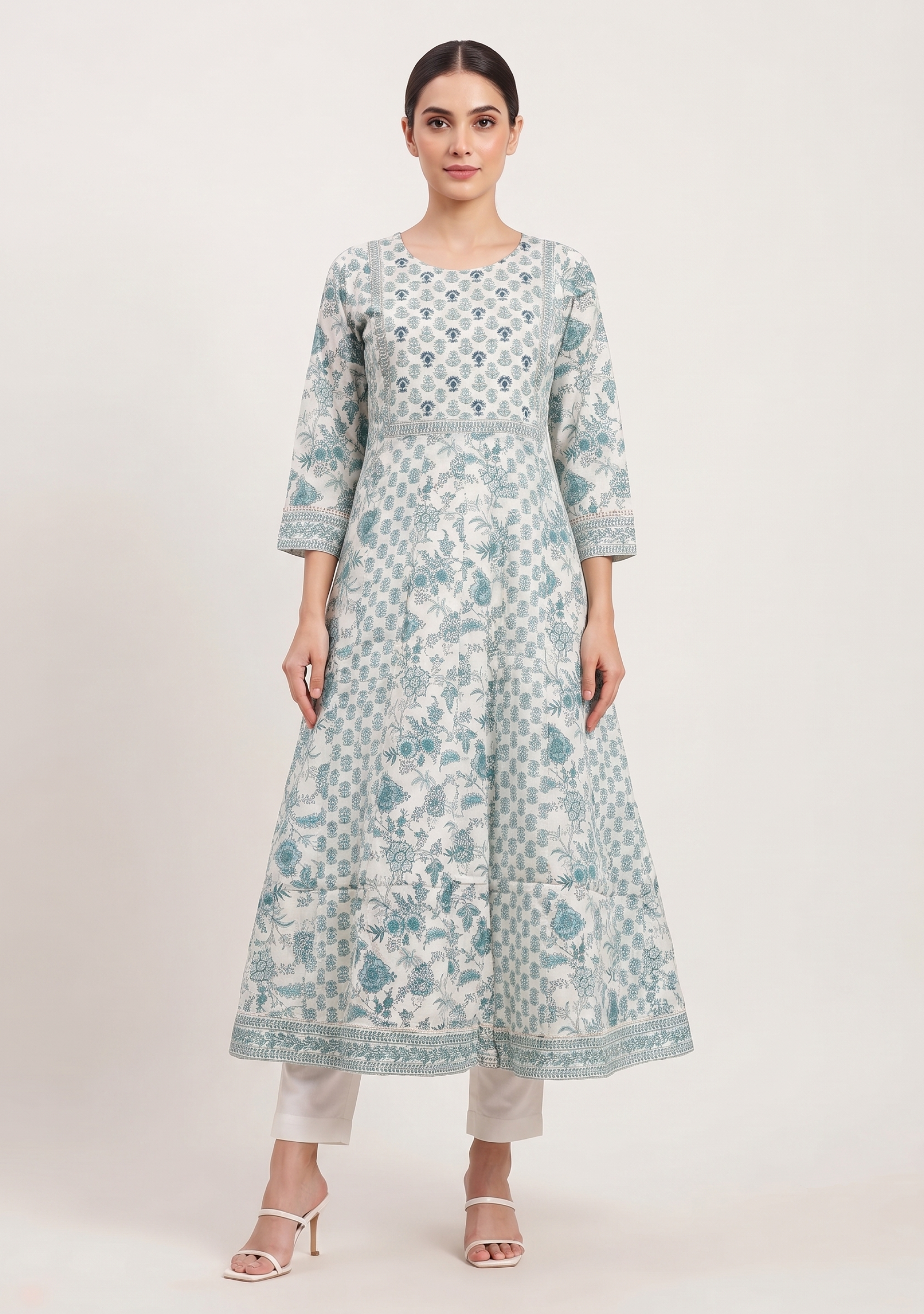 White Rama Booty Cotton Handcrafted Anarkali 3pc suit set