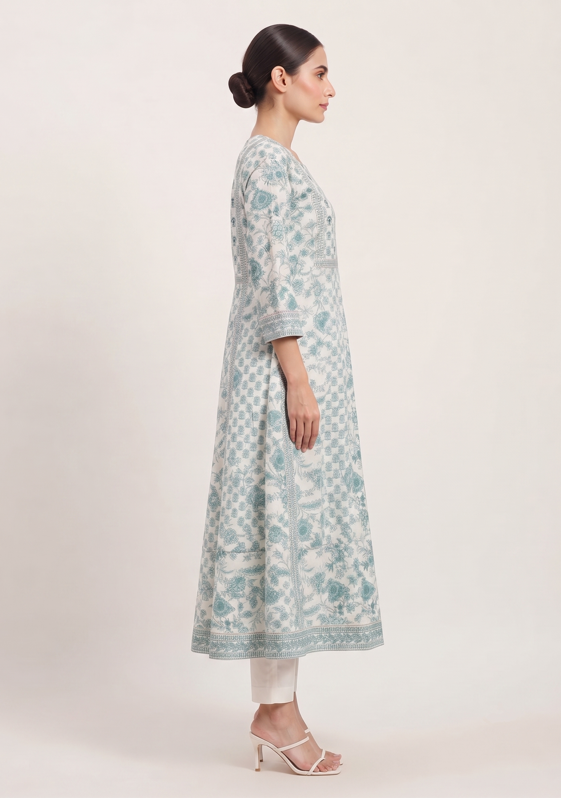 White Rama Booty Cotton Handcrafted Anarkali 3pc suit set