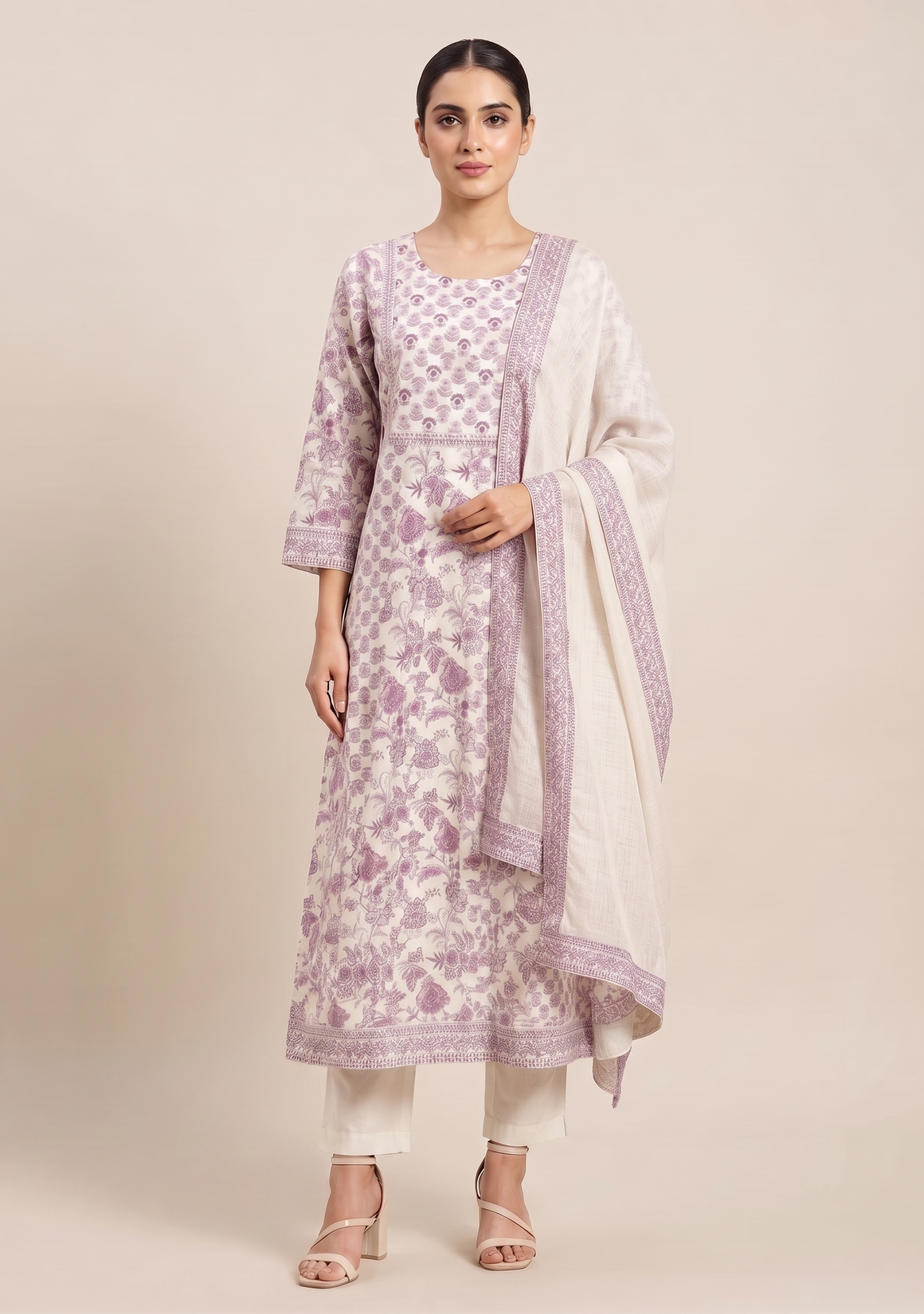 White Wine Booty Cotton Handcrafted Anarkali 3pc suit set