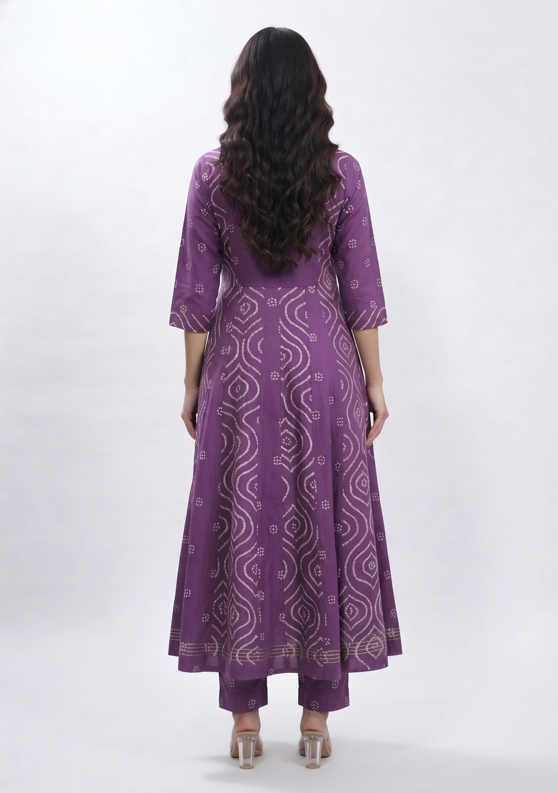 Wine Chunari Print Handcrafted Anarkali 3pc Suit Set