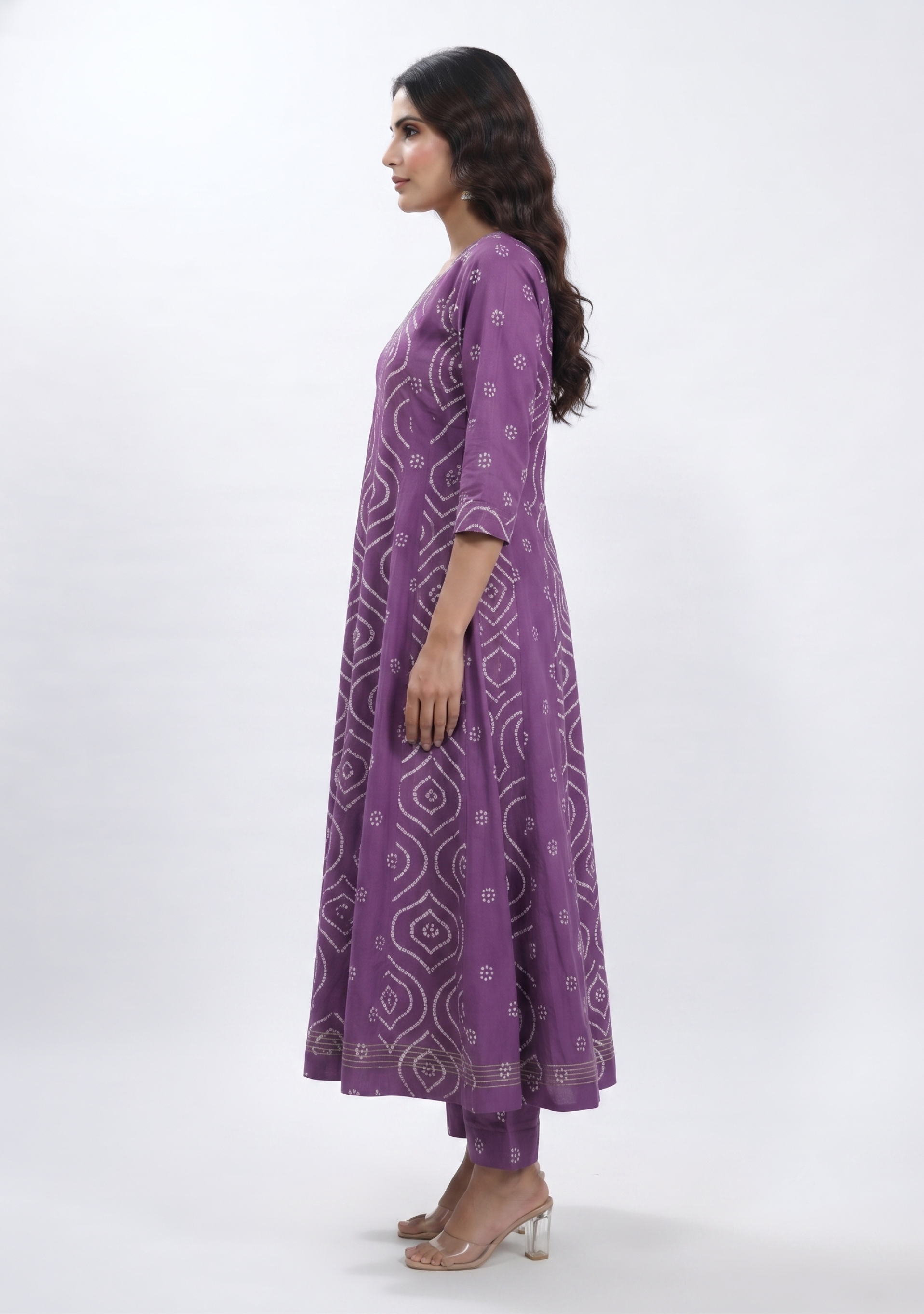 Wine Chunari Print Handcrafted Anarkali 3pc Suit Set