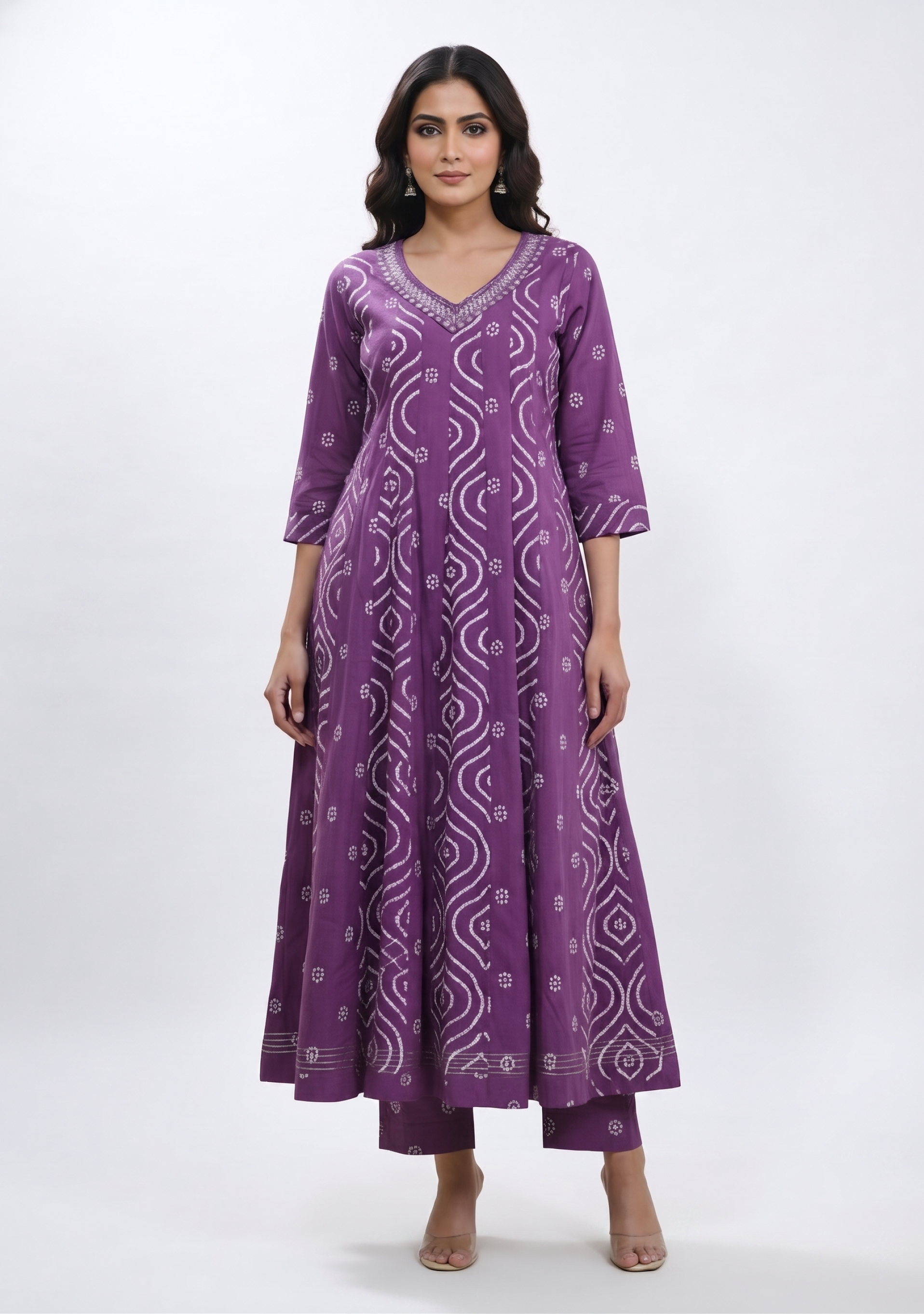 Wine Chunari Print Handcrafted Anarkali 3pc Suit Set