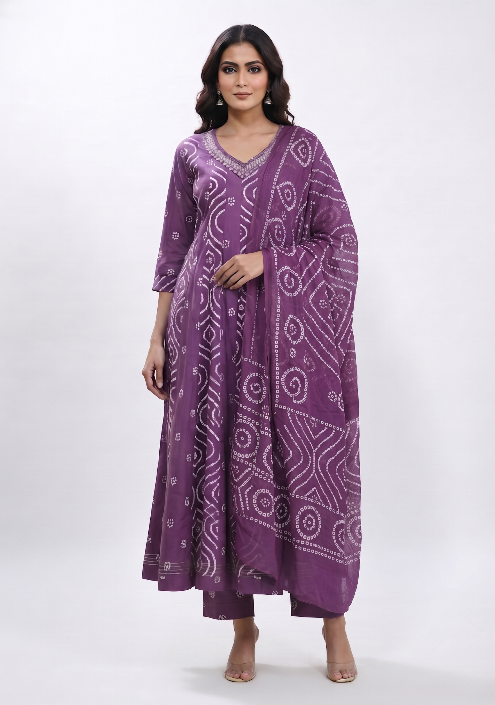 Wine Chunari Print Handcrafted Anarkali 3pc Suit Set