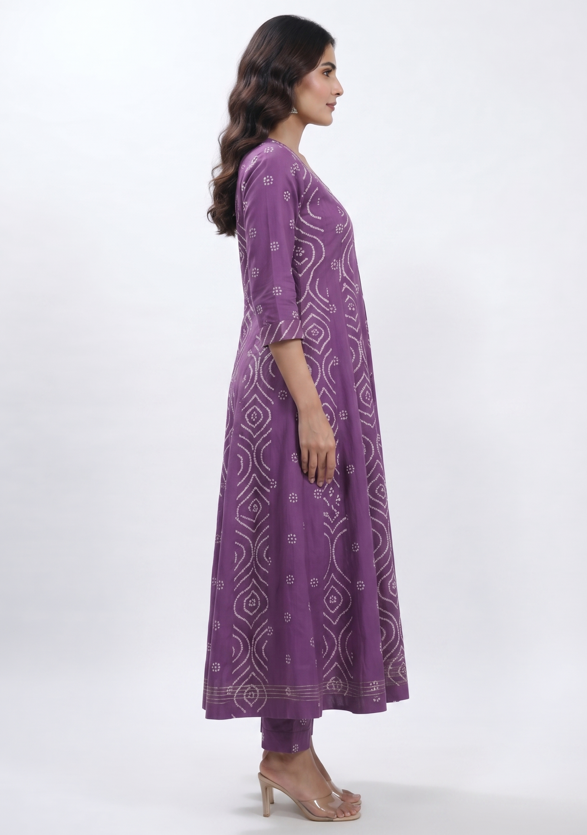 Wine Chunari Print Handcrafted Anarkali 3pc Suit Set