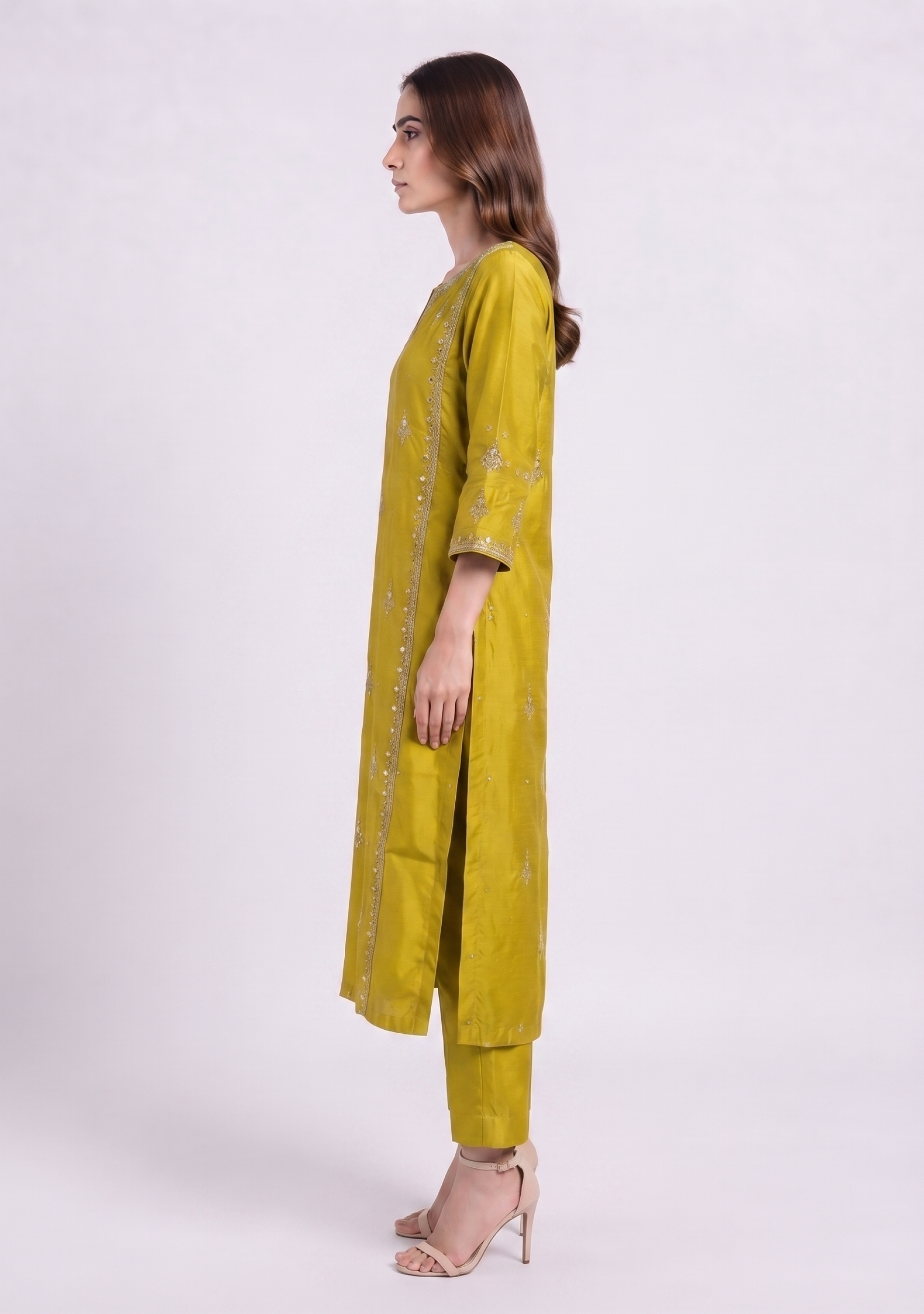Yellowish Green Handcrafted Silk Suit with Banarasi Dupatta