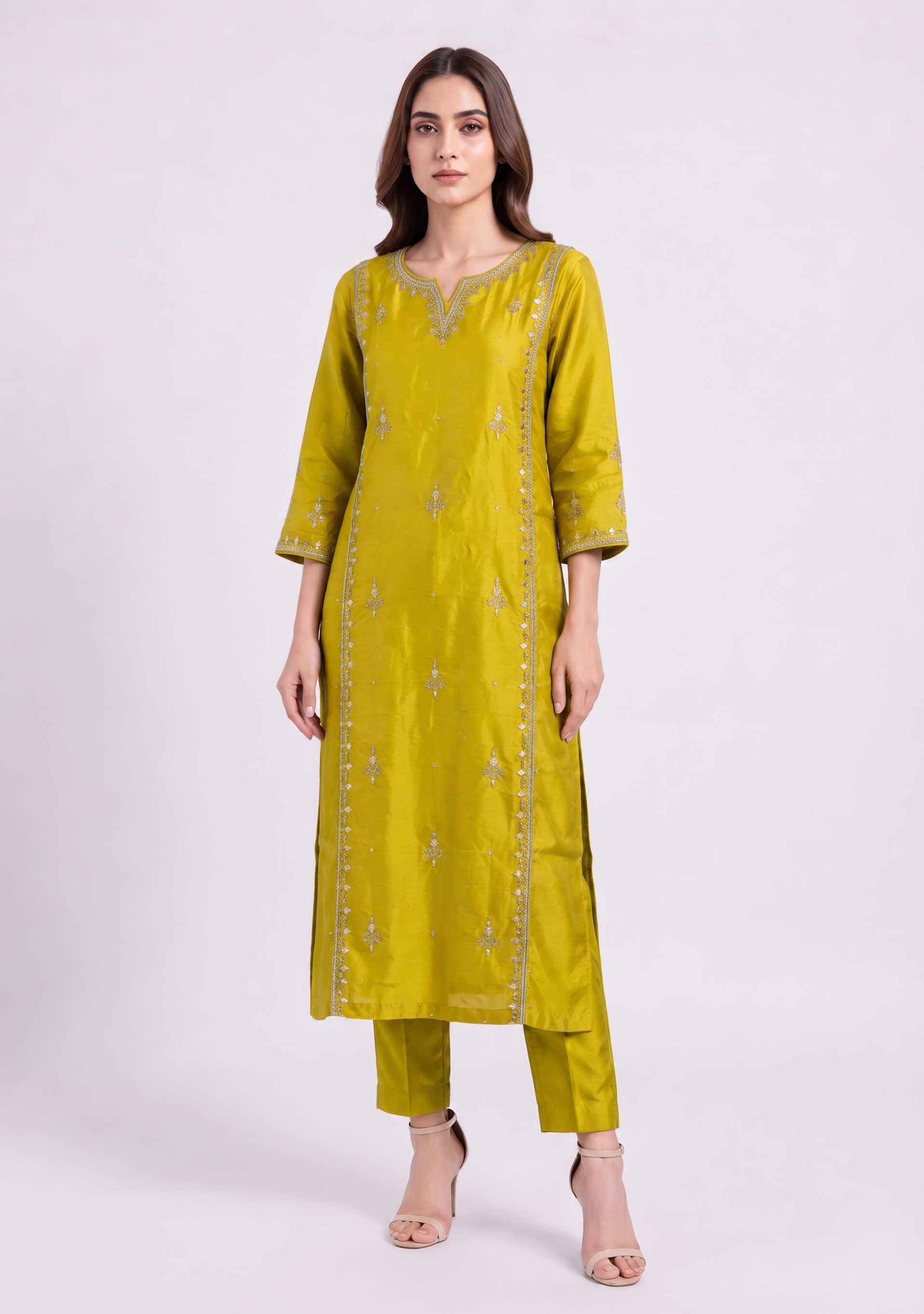 Yellowish Green Handcrafted Silk Suit with Banarasi Dupatta