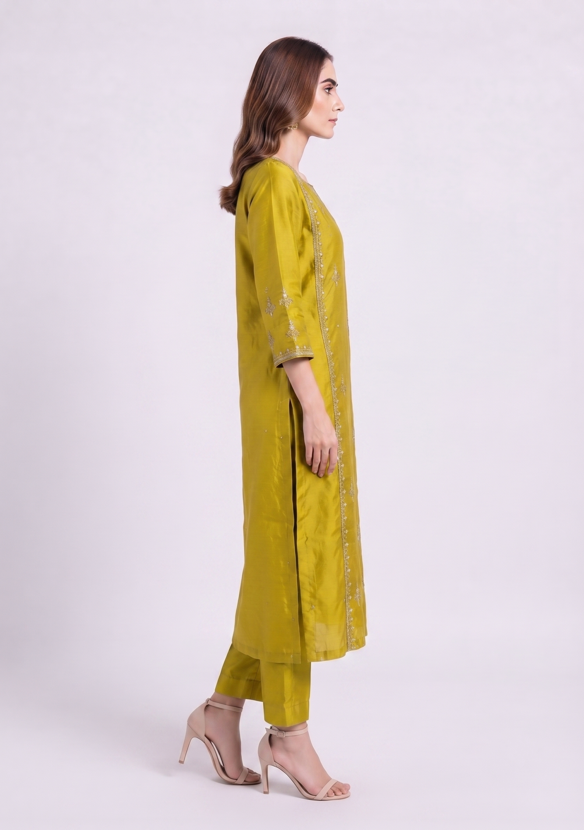 Yellowish Green Handcrafted Silk Suit with Banarasi Dupatta