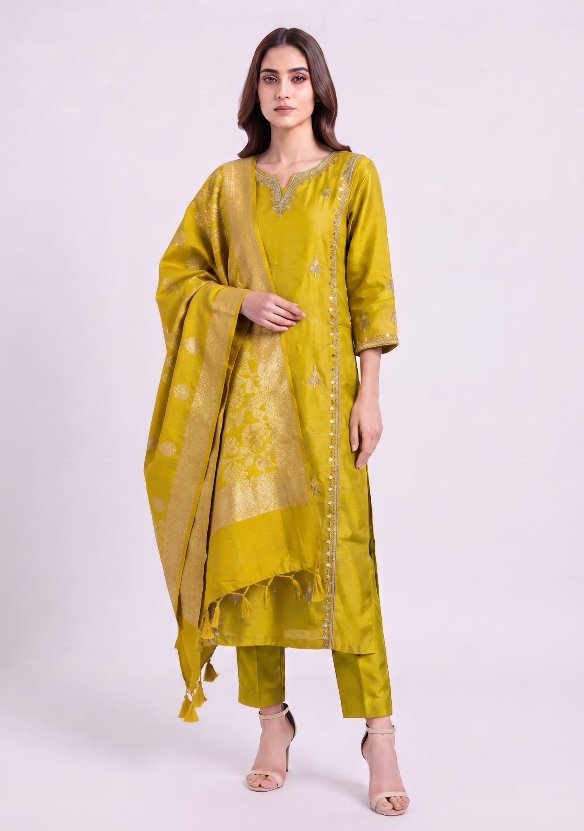 Yellowish Green Handcrafted Silk Suit with Banarasi Dupatta