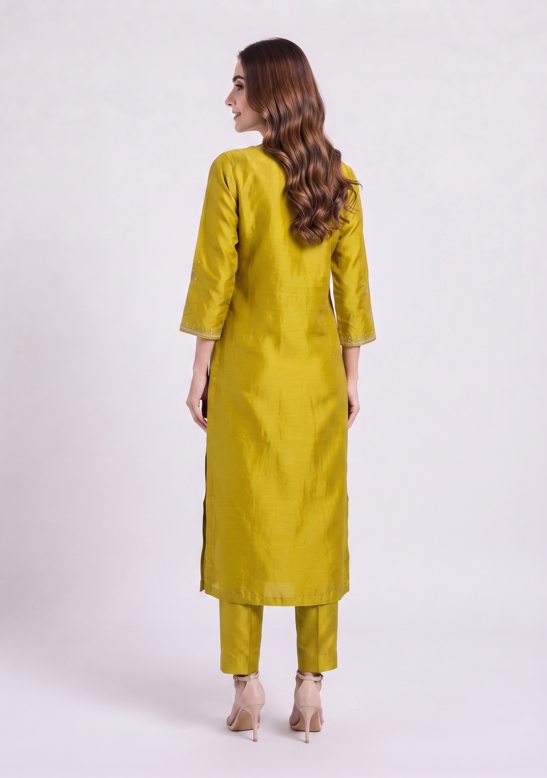 Yellowish Green Handcrafted Silk Suit with Banarasi Dupatta