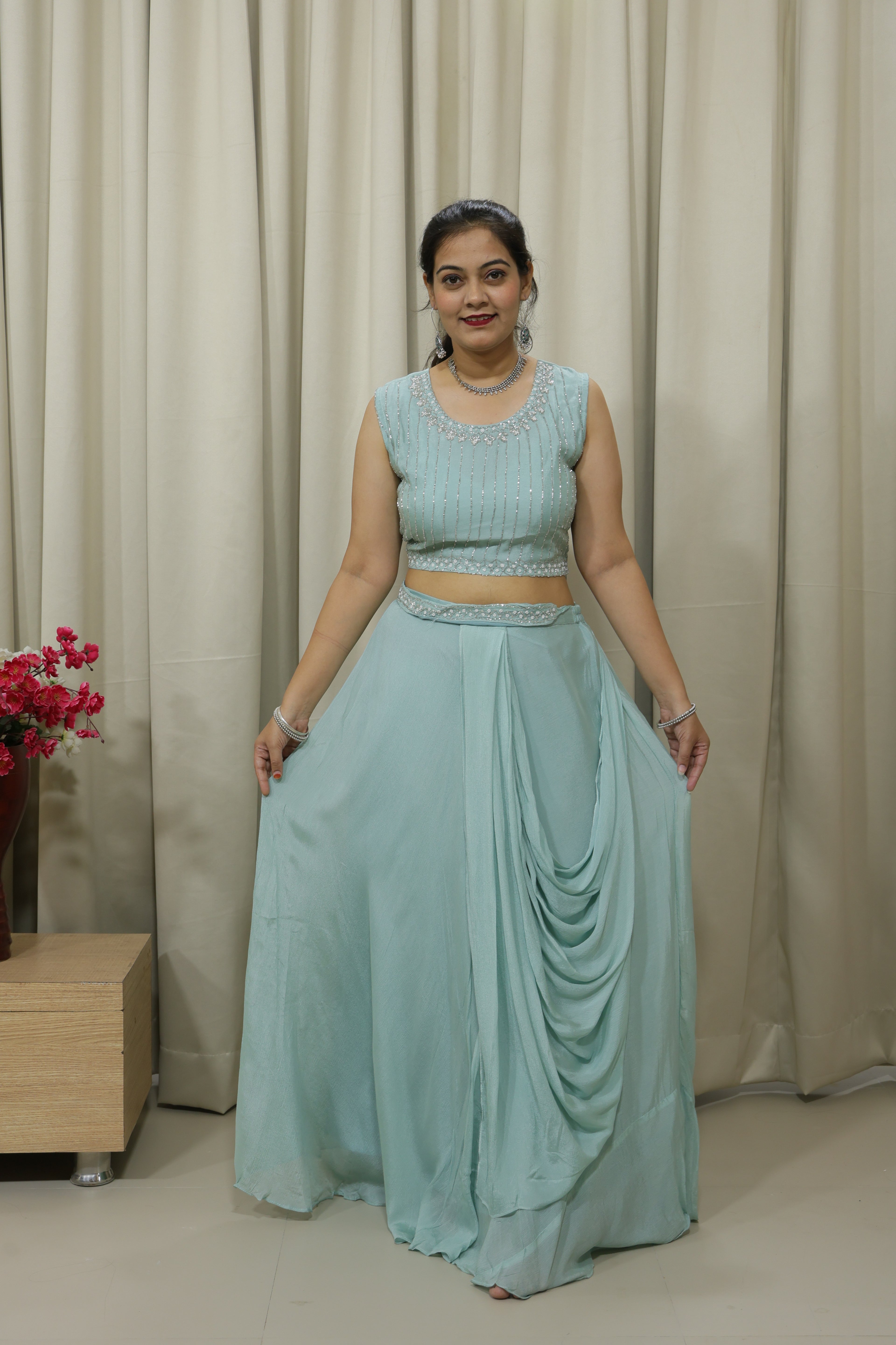 Aqua Green Handcrafted Indo-Western Lehenga with Jacket