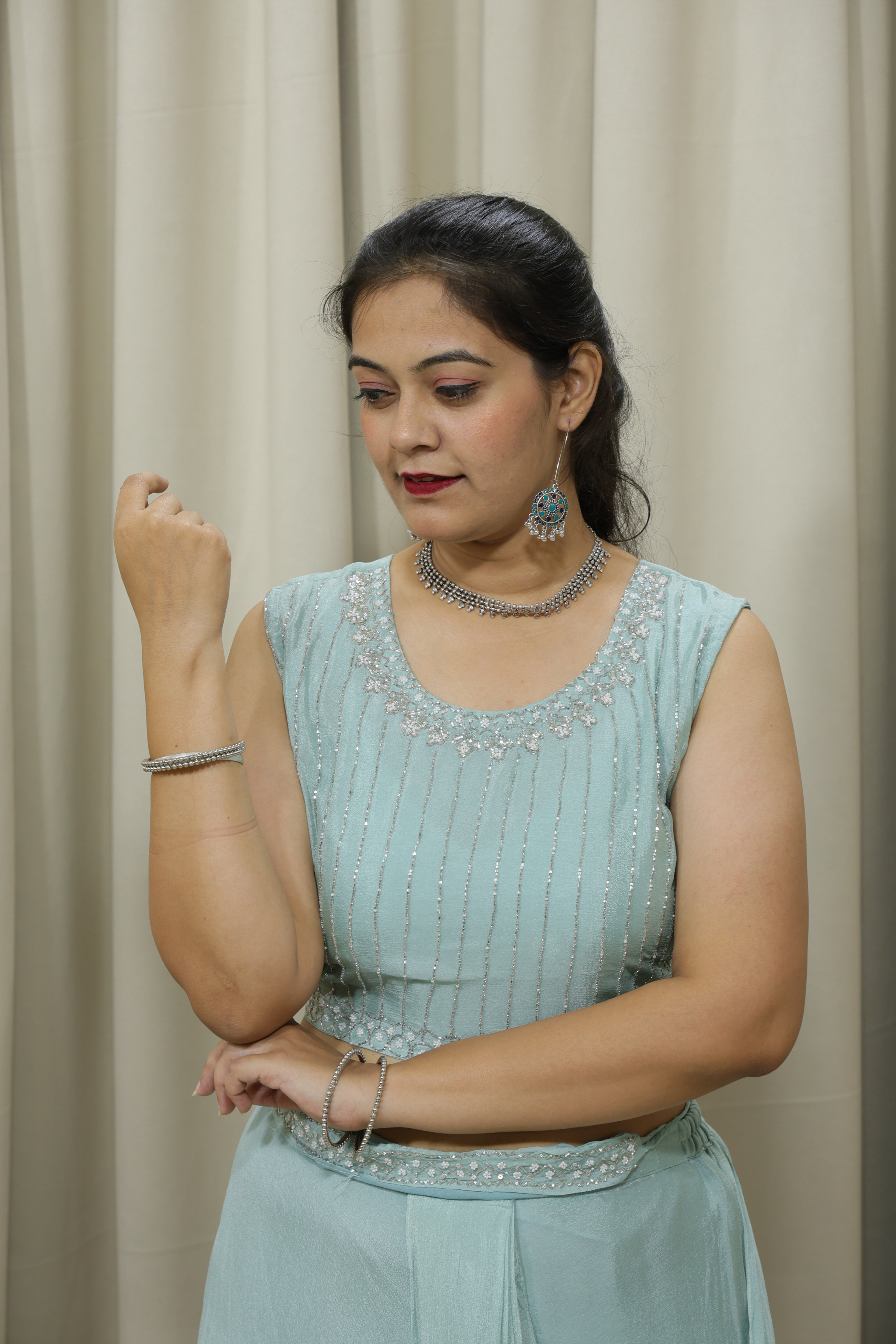 Aqua Green Handcrafted Indo-Western Lehenga with Jacket